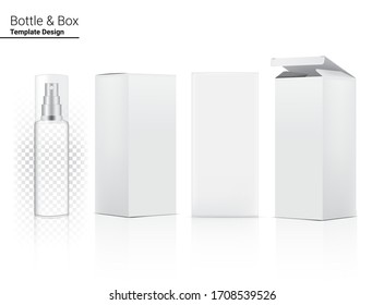 Glossy Transparent Spray Bottle Mock up Realistic Cosmetic and 3 Dimensional Box for Whitening Skincare and Aging anti-wrinkle merchandise on White Background Illustration. Health Care and Medical.