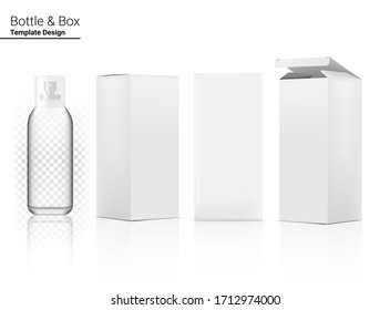 Frasco de pulverización transparente brillante maqueta cosmética realista y 3 caja dimensional para blanquear el cuidado de la piel y el envejecimiento, mercancía antiarrugas en la ilustración de fondo blanco. Atención de salud y atención médica.