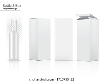 Glossy Transparent Spray Bottle Mock up Realistic Cosmetic and 3 Dimensional Box for Whitening Skincare and Aging anti-wrinkle merchandise on White Background Illustration. Health Care and Medical.