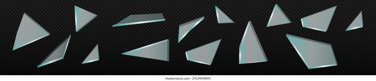 Glossy transparent vector broken glass clear pieces. Glass white transparency crash particles