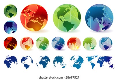 Glossy transparent vector globes and maps.