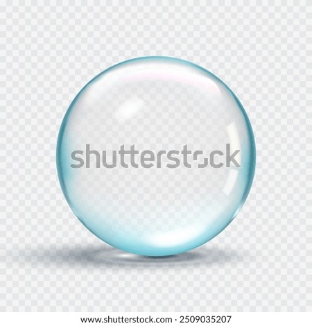 Glossy transparent water drop bubble soft blue highlights and realistic light reflections, displayed on a transparent background. Vector 3d illustration