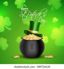 Glossy treasure pot full of gold coins with Leprechaun Hat on shamrock leaves decorated green background for Happy St. Patrick's Day celebration.