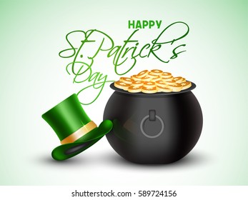 Glossy treasure pot full of gold coins with Leprechaun Hat on shiny background for Happy St. Patrick's Day celebration.