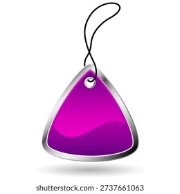 Glossy triangular magenta and purple blank tag featuring a silver frame and attached black string loop is presented on a white background ready for custom text insertion.
