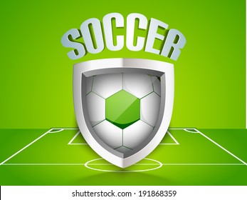 Glossy trophy for soccer ball winner with soccer ball inside and stylish text on stadium background. 