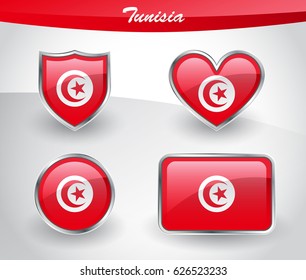 Glossy Tunisia flag icon set with shield, heart, circle and rectangle shapes in silver frame. Vector illustration.