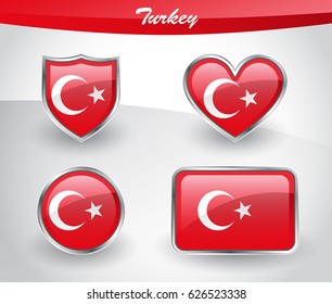 Glossy Turkey flag icon set with shield, heart, circle and rectangle shapes in silver frame. Vector illustration.