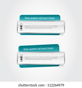 Glossy turquoise blue vector badges / banners attached with shiny metallic staples