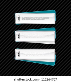 Glossy turquoise vector badges / banners attached with shiny metallic staples over black striped background