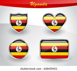 Glossy Uganda flag icon set with shield, heart, circle and rectangle shapes in silver frame. Vector illustration.