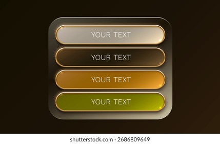 Glossy UI Buttons with Golden Frames for Modern Interfaces. Customizable text fields for web and app design. Vector illustration.