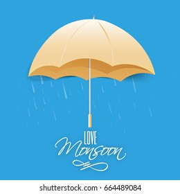 Glossy Upen Umbrella in rains on sky blue background for Monsoon Season concept.