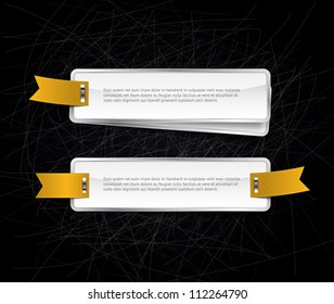 Glossy vector badges / banners with yellow ribbons attached with shiny metallic staples, over black scratched background
