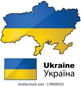 Glossy vector flag of Ukraine placed on top of the country's map