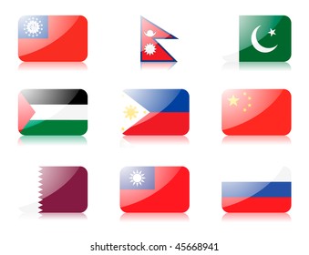 Glossy vector flags. Set four of flags from Asia(Myanmar, Nepal, Pakistan, Palestine, Philippines, People rep. of China, Qatar, Rep. of China, Russia)