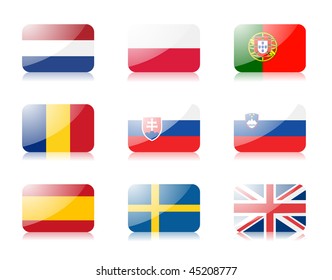 Glossy vector flags. Set three of flags from European union (Netherlands, Poland, Portugal, Romania, Slovakia, Slovenia, Spain, Sweden, United Kingdom)