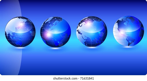 Glossy vector globes, all continents.