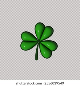 Glossy vector green 3D shamrock illustration on transparent background symbolizing good luck and Irish culture. Elegant and modern design, perfect for St. Patrick's Day, holidays and parties.