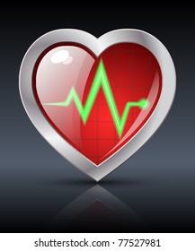 Glossy vector icon of red heart with a pulse rate or heart rhythm on a dark background. Conceptual illustration of a cardiogram, or diagnosis of heart disease.