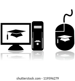 Glossy vector icons showing a computer with a graduation hat on the screen and a mouse with the same graphic, for distance learning