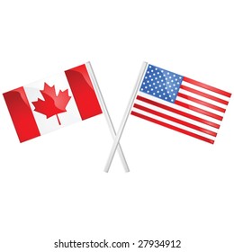 Glossy vector illustration of the Canadian and American flags crossed over each other