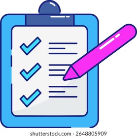 Ilustração vetorial brilhante de uma área de transferência com uma caneta e uma marca de seleção, ícone perfeito do documento de negócios