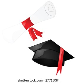 Glossy vector illustration of a diploma and a graduation hat