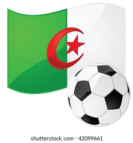Glossy vector illustration of a flag of Algeria with a football (soccer ball) in front of it