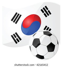 Glossy vector illustration of a flag of South Korea with a football (soccer ball) in front of it