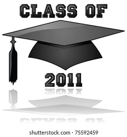 Glossy vector illustration of a hat and the words Class of 2011, reflected on a clear background