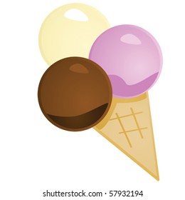 Glossy vector illustration of an ice cream cone with three scoops of ice cream