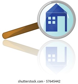 Glossy vector illustration of a magnifying lens over a house