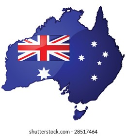 Glossy vector illustration of the map of Australia with the Australian flag inside it
