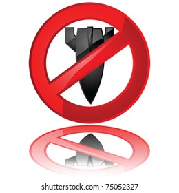 Glossy vector illustration of a prohibited sign over a bomb, message against war