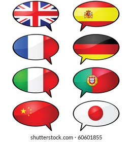 Glossy vector illustration of several cartoon talk balloons, with different flags representing different languages