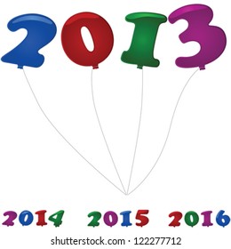 Glossy vector illustration showing colorful number shaped balloons for the new year in 2013, 2014, 2015 and 2016