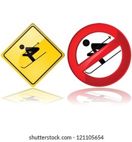 Glossy vector illustration showing a couple of ski signs one warning about skiing in the area and another saying skiing is not allowed