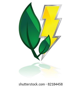 Glossy vector illustration showing a couple of leaves and a lightning, to represent green power