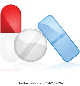 Glossy vector illustration showing different types of medicine pills