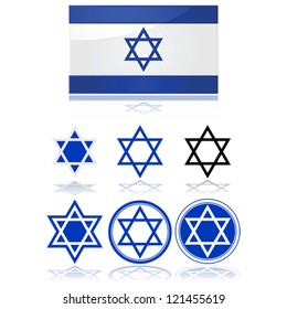 Glossy vector illustration showing the flag of Israel and variations on the star of David