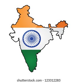 Glossy vector illustration showing the flag of India overlapped on top of the country's map