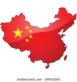 Glossy vector illustration showing the flag of China over the country's map