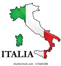 Glossy vector illustration showing the flag of Italy placed on top of the country's map.