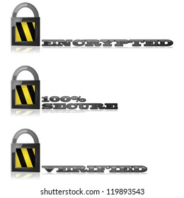 Glossy vector illustration showing a lock with messages about safety and security of encryption