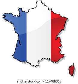 Glossy vector illustration showing the map of France with the country's flag superimposed over it.