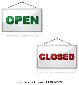 Glossy vector illustration showing an open and a closed sign, reflected over a white background