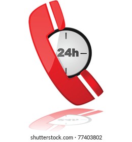 Glossy vector illustration showing a phone icon over a clock, to symbolize a 24-hour service