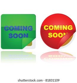 Glossy vector illustration of two stickers with the words 'Coming Soon' on them and a corner lifted to give a sneak peek of what's behind them