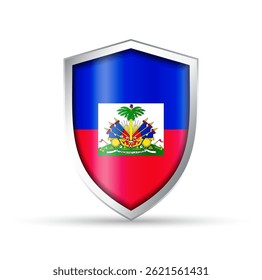Glossy vector shield icon featuring the national flag of Haiti. Ideal for patriotic, cultural, or travel-themed designs. Fully scalable for both print and digital use.